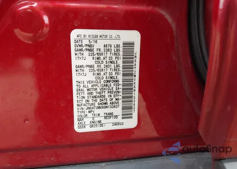 2016 Nissan Rogue Sv z USA, uszkodzony, nr VIN JN8AT2MVXGW133437